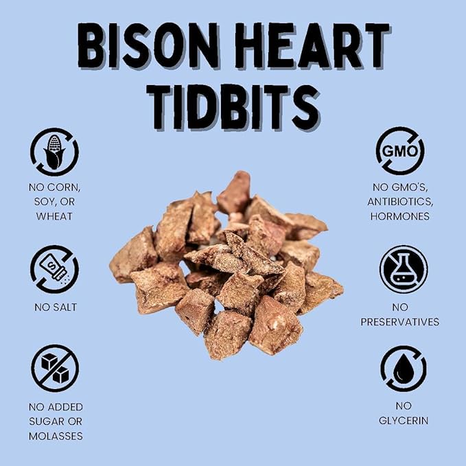 Freeze Dried Bison Heart Tidbits - Single Ingredient, Human-Grade, No Artificial Flavors or Fillers, Perfect for Training (Pack of 1)