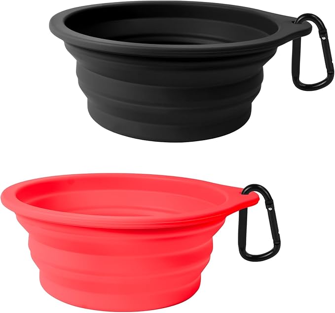 PetBonus 2-Pack Silicone Collapsible Dog Bowls, BPA Free Dishwasher Safe, Portable Foldable Expandable Travel Bowl, Food Water Feeding Cup Dish for Dogs Cats with 2 Carabiners (Black, Red)