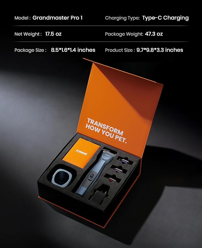 oneisall Grandmaster Pro 1 Cordless Professional Dog Grooming Clippers, 2-Speed Dog Clippers for Grooming Heavy Duty/Thick Hair, Detachable Carbonized Steel Blade Metal Combs, Removable Battery