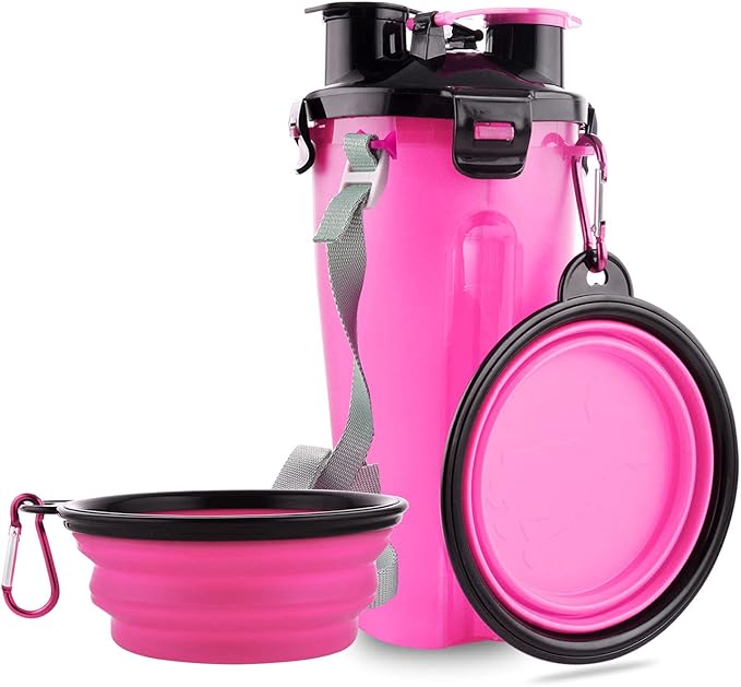 Guardians Dog Travel Water Bottle Collapsible Bowls, 2 in 1 Pet Food Container with Collapse Bowls, Outdoor Portable Water Bowls for Walking, Traveling, Camping and Hiking (Pink)