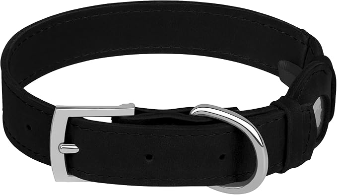 Leather Dog Collar with Airtag Holder - Apple AirTag Dog Collars - Soft Tracking Smart GPS Pet Collar for Small Medium Large Dogs Puppy (Black, M, 12"-15" Neck Fit)