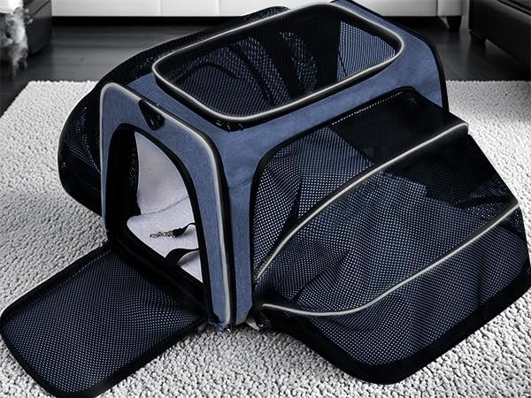 Expandable Cat & Dog Carrier, Large Expandable Collapsible Travel Bag with Safety Zippers, 3 Open Doors, Removable Fleece Pad for Puppies & Small Animals, Airline Approved