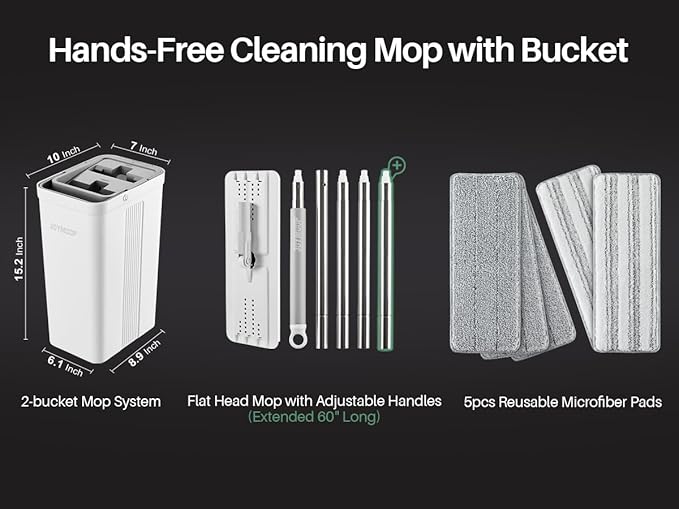 JOYMOOP Mop and Bucket with Wringer Set, White Flat Squeeze Mop Bucket Set for Floor Cleaning, Wet Dry Mops for Walls, Wall Cleaner with Long Handle, Hardwood Floor Mop-5 Microfiber Cloths