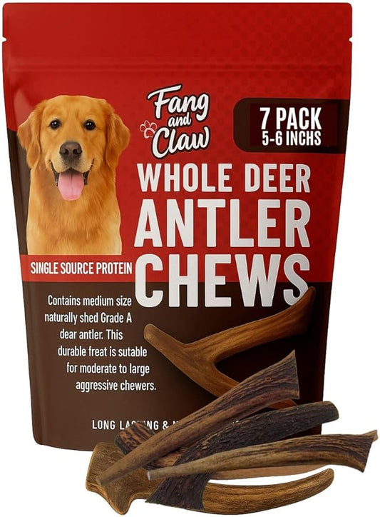 Fang & Claw Grass-Fed Deer Antlers for Dogs – 5-6" Antler Chews, 7-Pack – Long-Lasting Dog Chews for All Dogs & Aggressive Chewers