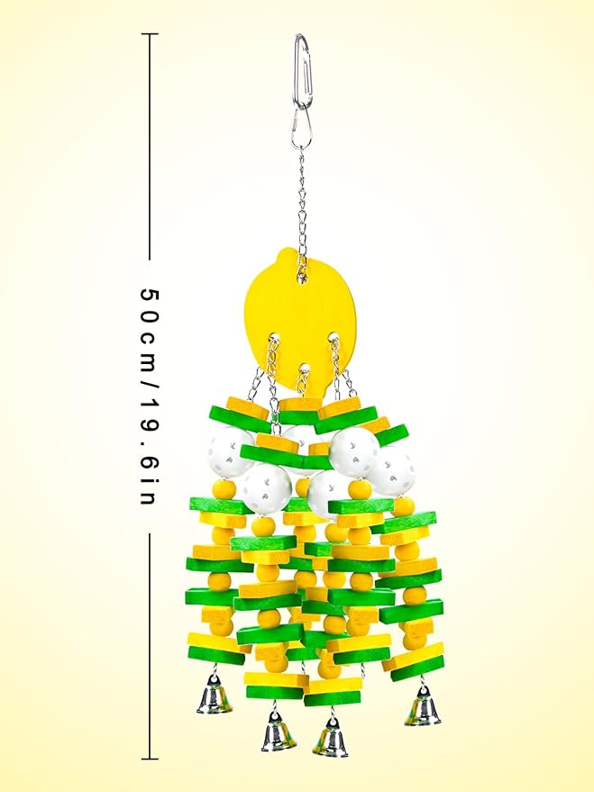 MEWTOGO Parrot Toys, Safe Healthy Parrots Cage Chewing Toy with Colorful Wood Blocks Crisp Bells for Macaws African Grey and Amazon Parrots (Lemon Style)