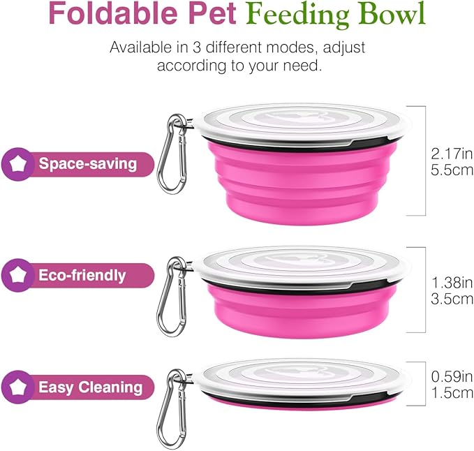 Pawaboo Collapsible Dog Bowls 2 Pack, Silicone Feeding Watering Bowls with Lids & Carabiners for Dogs Cats, Portable Water Feeder Food Bowl for Walking Traveling Home Use, Pink + Green