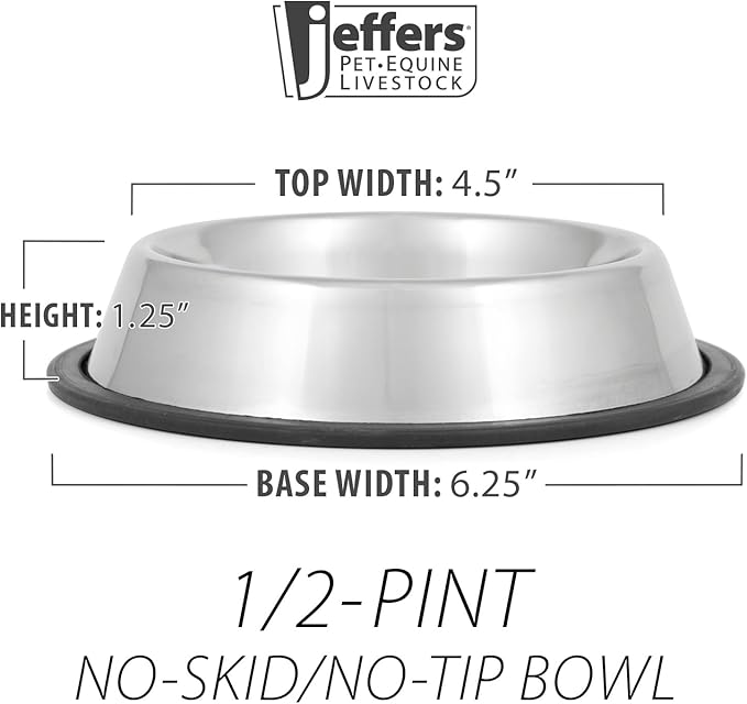 Jeffers Pet Stainless Steel Dog Bowl – No Skid, No Tip Food & Water Bowls for Puppies, Small, Medium, Large Breeds – Heavy Duty, Dishwasher Safe Feeder for Indoor, Outdoor, Travel Use – 1/2 Pint