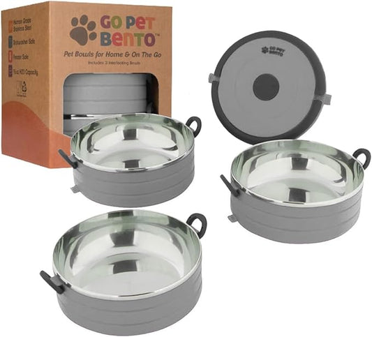 Healthy Human Travel Pet Bento Bowls - Human-Grade Stainless Steel & BPA-Free, Leak-Proof Water & Food Container Set for Dogs & Cats, 2-Pack Interlocking Bowls, Includes Spare Clips & Handle (Gray)