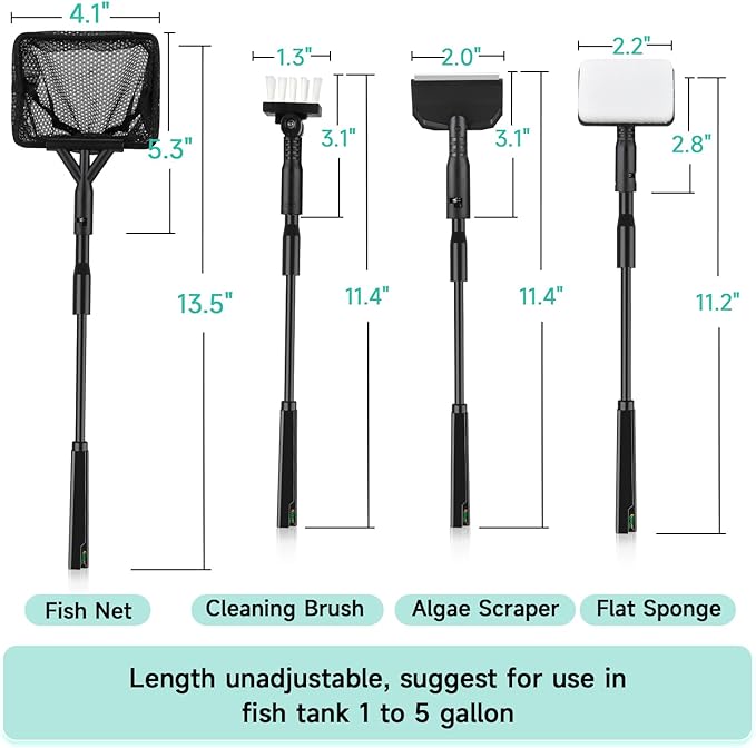 hygger Small Aquarium Cleaning Tools, 4 in 1 Fish Tank Cleaner Kit with Handle,Fish Net,Algae Scraper,Clean Brush,Flat Sponge