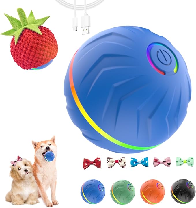 T01 Interactive Dog Toys Dog Ball,Anti Boredom Dog Toys,Durable Motion Activated Automatic Rolling Toys for Small/Medium Dogs,Moving Ball for Dogs to Keep Them Busy,Dog Bows,Fruity Plush Covers(Blue)