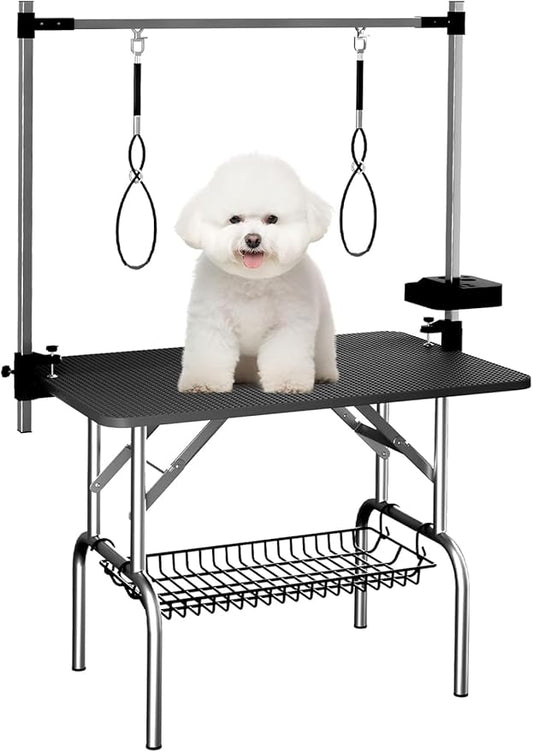 VFK 36" Dog Grooming Table,Foldable Pet Grooming Table for Dogs at Home Black Stainless Steel Bath Grooming Station with Adjustable Arm,Nooses, Mesh Tray,Tool Organizer
