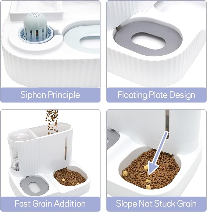 Kathson Automatic 2 in 1 Cat Feeder and Water Dispenser, Gravity Feed Pet Feeder for Indoor & Outdoor Cats (Grey)