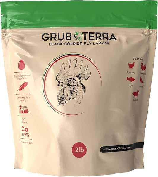 GrubTerra Golden Dried Black Soldier Fly Larvae - Premium Supplement to Increase Egg Production for Hen Treats, Bird Feed, Chicken Feeder, Pet Bird Food, and Wildbird Feed, Never from China! (2lb)