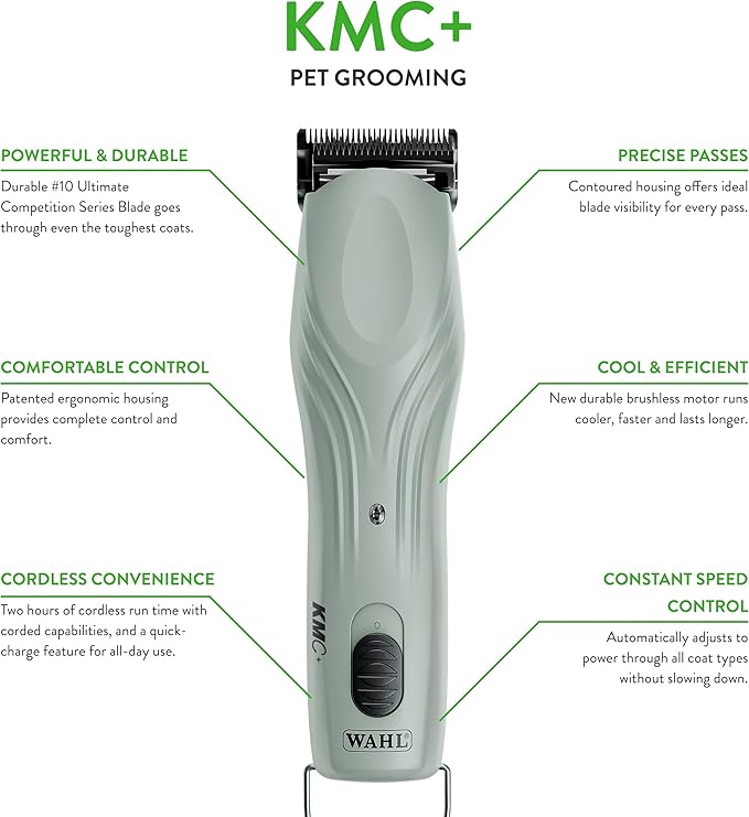 Wahl Professional Animal KMC+ 2-Speed Cordless Clipper (3025661) - Detachable Blade Pet & Dog Clipper Kit - Patented Ergonomic Housing Design - Sage