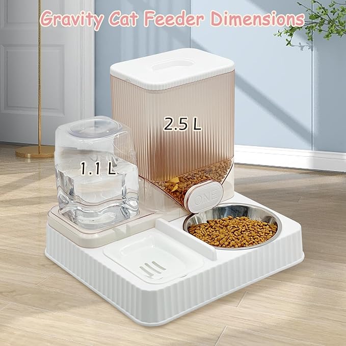 Fhiny Gravity Cat Feeder & Water Dispenser, 2 in 1 Automatic Puppy Waterer Removable Stainless Steel Food Bowls Set Self Feeding Pet Food Storage for Cat Kitten Puppy Easy Clean (White)