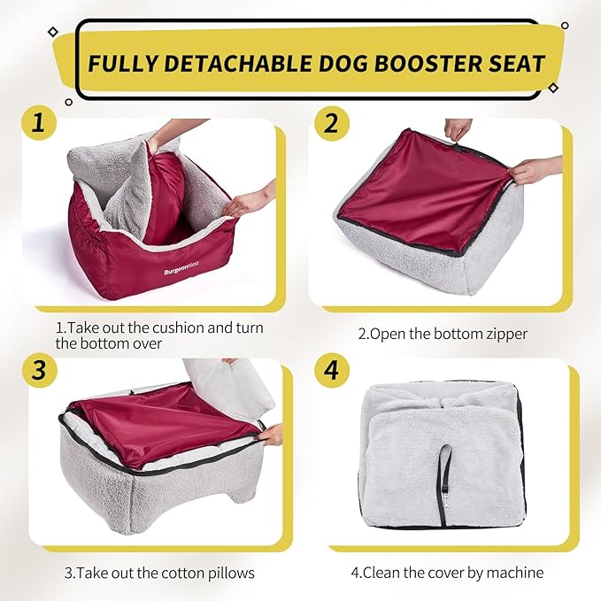 BurgeonNest Dog Car Seat for Small Dogs, Fully Detachable and Washable Cat Carseats Under 25 lbs, Soft Pet Booster Seats with Storage Pockets Clip-On Leash Portable Travel Carrier Bed, Red