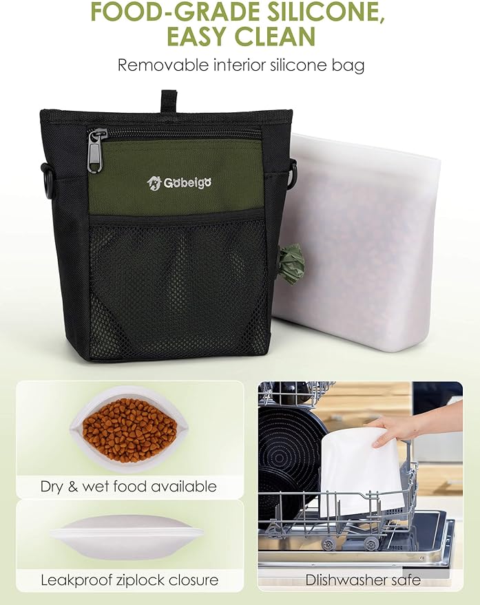 Gobeigo Dog Treat Pouch with Silicone Snack Bag, Front Pocket fits All Phones, 4 Cup Treat Bag with Training Clicker, Upgrade Stronger Magnetic Closure, 3 Ways to Wear Walking Fanny Pack (Army Green)