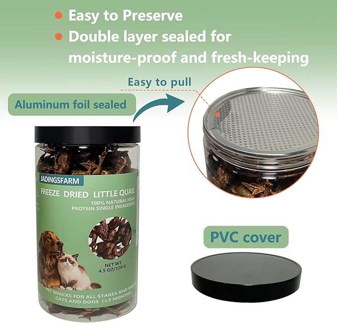 Freeze Dried Little Quail, 4.5 Oz Quail Dogs Cat Treats, Single Ingredient Freeze Dried Cat and Dog Treats Delicious Training Snacks, Natural Food Healthy Animal Protein Pet Food