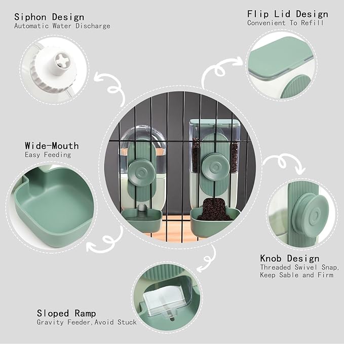 Hanging Automatic Pet Food Water Dispenser, 35oz Rabbit Feeder for Cage Gravity Feeder Siphon Waterer Set for Rabbit Chinchilla Hedgehog Ferret Cat Puppy (Green)