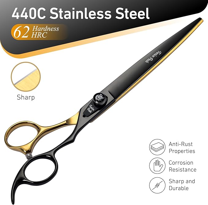 Fenice Peak 8'' Black Dog Grooming Scissors Goldern Straight Shears with Ergonomic Offest Handle and Pattern Screw Pet Grooming Trimming Shears Durable and Sharp 440C