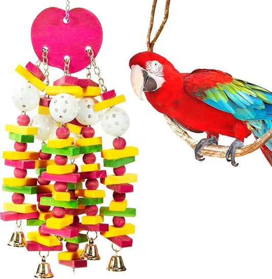 MEWTOGO Bird Toys - Edible Parrots Cage Chew Toy Gift with Bells and Safe Colorful Wood Blocks Beads for Macaws African Grey and Amazon Parrots (Peach Style)
