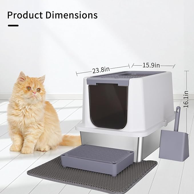 RIZZARI Stainless Steel Cat Litter Box, Odorless Enclosed Litter Box with Top Holes, Large Litter Pan for Small to Large Sized Cats (Light Gray, 23.8" L*15.9" W*16.1" H)