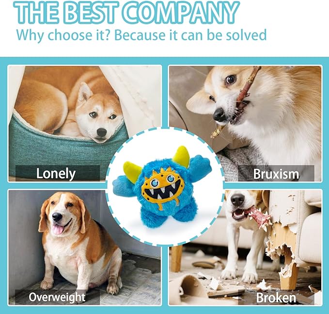 Plush Squeaky Dog Ball, Little Monster Puppy Toys Suitable for All Breeds, Chew Guard, Floating Water and Durable Interactive, Round and Soft (Blue, Large)