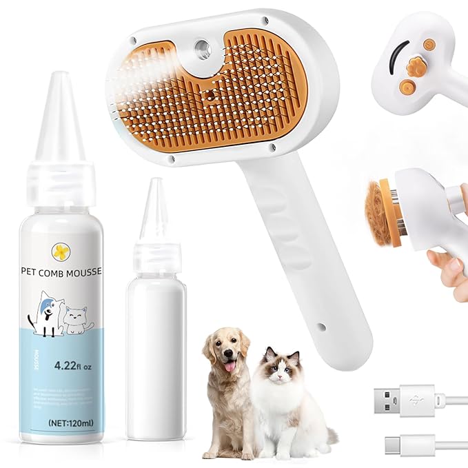 Steam Brush for Dog & Cat – 3-in-1 Pet Spray Hair Removal Comb – Pet Grooming & Shedding Steam – Includes Waterless Shampoo – Water Brush for Long & Short Haired Pets – Defur Spritz Comb
