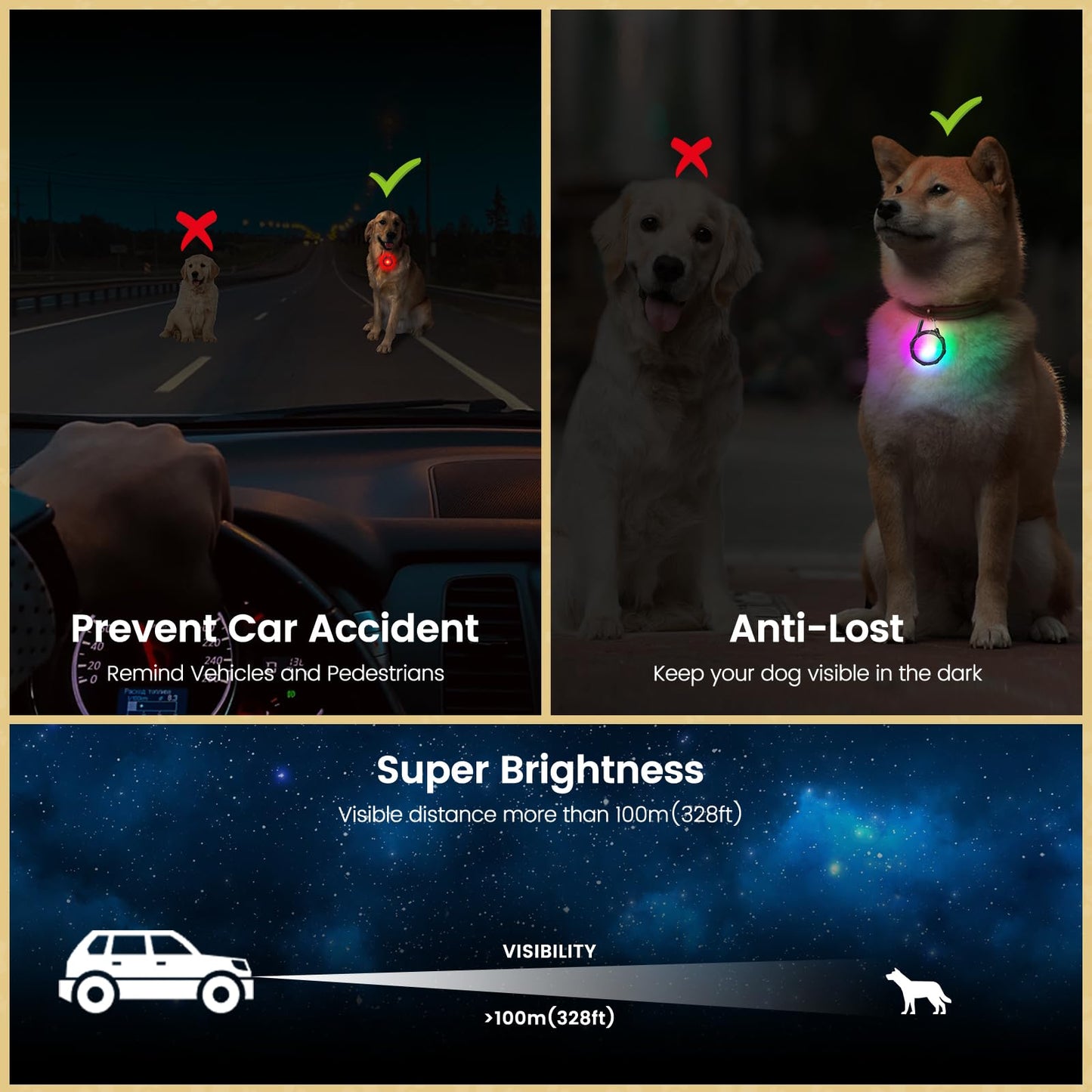 HAJIMMIU Dog Lights for Night Walking, 2 Pack Clip On Dog Collar Light with 4 Modes, 650mAh Rechargeable LED Pet Collar Charm for Nighttime