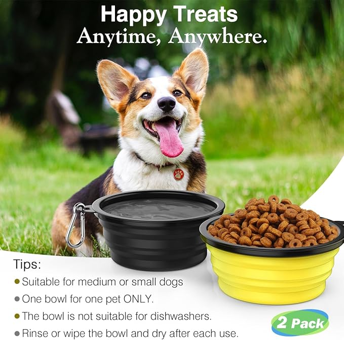 Pawaboo Collapsible Dog Bowls 2 Pack, Silicone Feeding Watering Bowls with Lids & Carabiners for Dogs Cats, Portable Water Feeder Food Bowl for Walking Traveling Home Use, 1000ml, Yellow + Black
