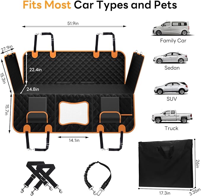 Back Seat Extender for Dogs,Hard Bottom,Waterproof Dog Car Seat Cover for Back Seat Holds 450 lbs - Detachable, Scratch-Proof and Anti-Slip Dog Hammock for Cars, SUVs and Trucks, Bk+ORG