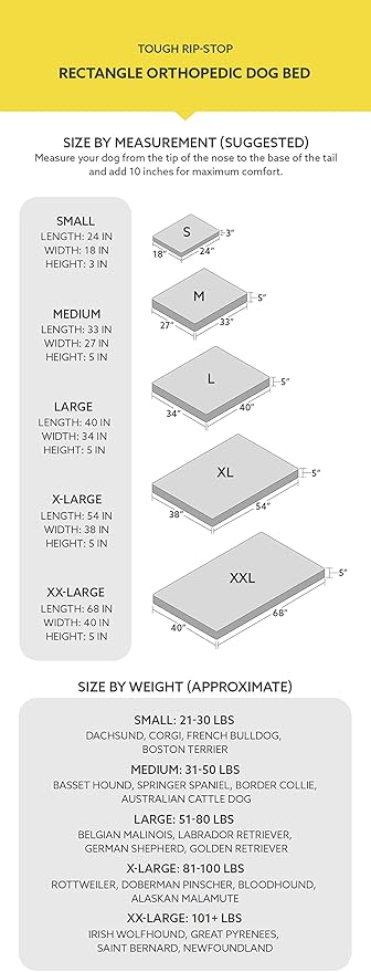 K9 Ballistics Tough Ripstop Orthopedic Rectangle Dog Bed Removable Washable Cover, Solid Orthopedic Foam for Size M Medium Dogs 33"x27", Sandstone