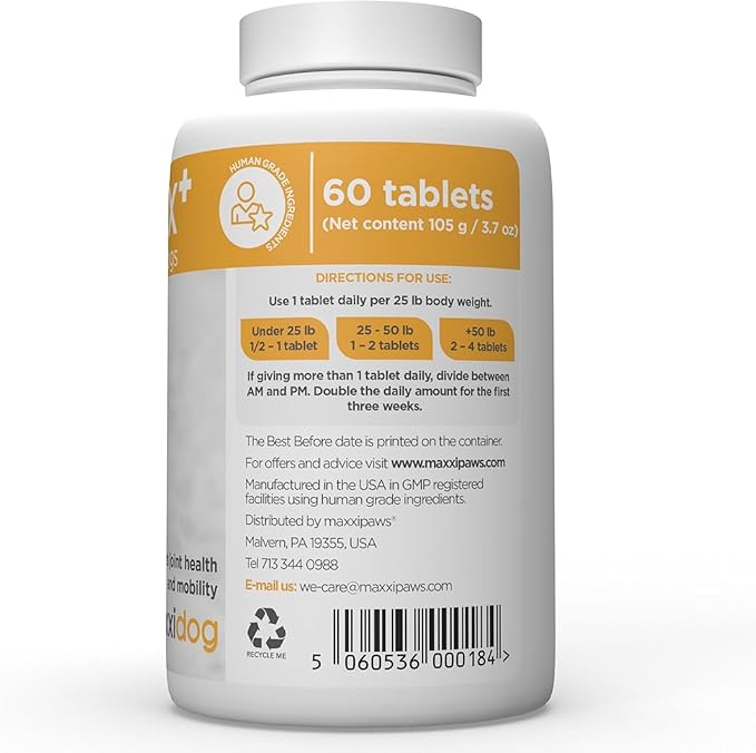 maxxipaws - maxxiflex+ Hip & Joint Supplement for Dogs with Glucosamine, Chondroitin, MSM & Collagen | Mobility, Flexibility & Discomfort Support | Senior, Adult & All Breeds | 60 Tablets