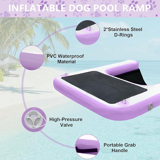 Inflatable Dog Water Ramp, Non-Slip Floating Dock Ladder for Pools, Boats & Lakes, Pool Ramp for Dogs Up to 200 Pounds, Purple