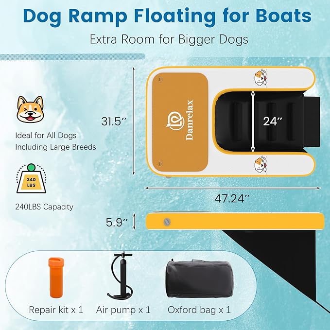 Inflatable Dog Boat Ramp, 47" L x 32" W x 6" H Perfect for Mid-Sized Pets Up to 220 lbs, Boat Water Ladder with Claw-Friendly High Stability Non-Slip EVA Float for Pool, Lake, Dock & Seat