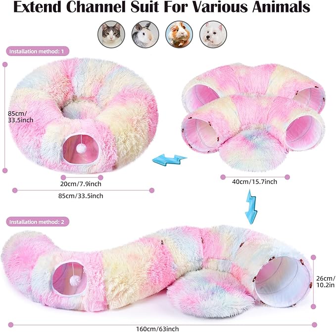 Odoland Cat Tunnels Bed with 20 Cat Toys for Indoor Cats, Plush Cat Couch Tunnel Bed for Kitten, Cat Cave Donut Tunnel - Detachable Soft Cat Bed and Variety Kitty Toy Set, Pink