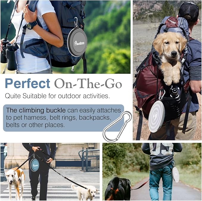 Pawaboo Collapsible Dog Bowls 2 Pack, Silicone Feeding Watering Bowls with Lids & Carabiners for Dogs Cats, Portable Water Feeder Food Bowl for Walking Traveling Home Use, 1000ml, Blue + Grey