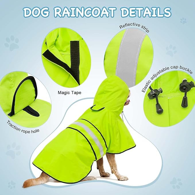 Hooded Dog Raincoat - Reflective Dog Rain Jacket Lightweight Waterproof Rain Coat for Small Medium Large Dogs (Large, Green)