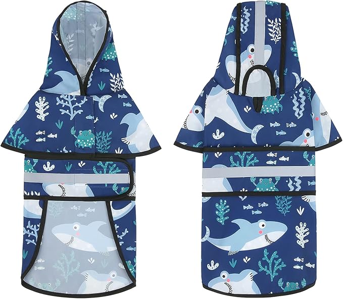 HDE Dog Raincoat Jacket Reflective Adjustable Hooded Pet Poncho Rain Coat with Leash Hole for Small to X-Large Dogs Sharks - L