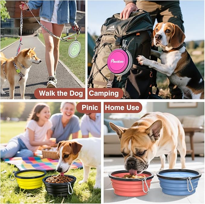 Pawaboo Collapsible Dog Bowls 2 Pack, Silicone Feeding Watering Bowls with Lids & Carabiners for Dogs Cats, Portable Water Feeder Food Bowl for Walking Traveling Home Use, Light Pink + Grey