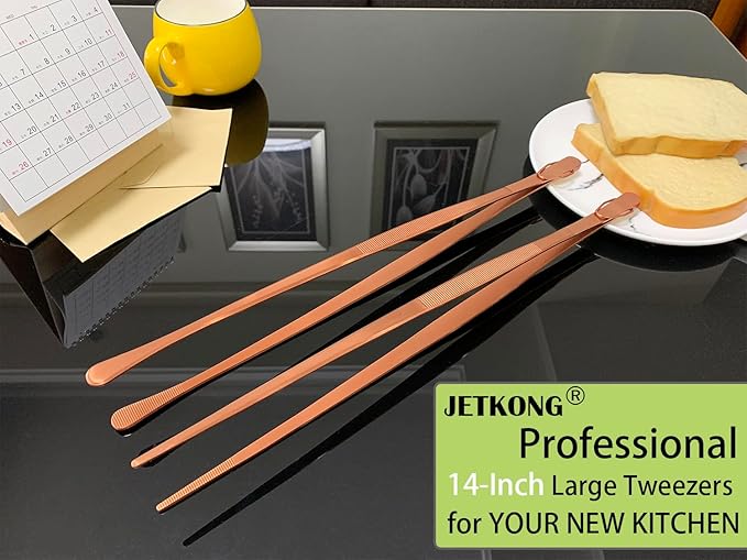 JETKONG 2 Pcs 14-Inch Kitchen Tweezers Extra Long Cooking Tweezer Tongs Stainless Steel Long Food Tweezers (Rose Gold)