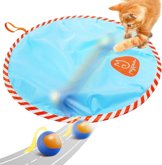 Migipaws Interactive Cat Ball Toy Set, Fun Tracker, Glowing Chase Ball with MystiChaser Pouch, Fluffy Tail, A Small Mice(Blue)