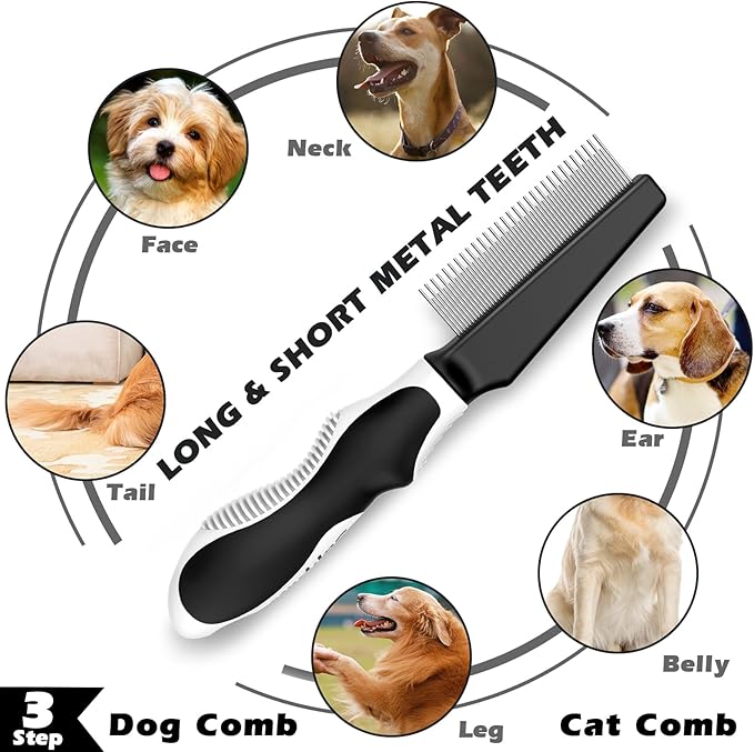 6 in 1 Pet Grooming Kit - Dog&Cat Comb, Deshedding Brush, Nail Clipper with File, Bath Brush - Premium Pet Supplies (Black White)