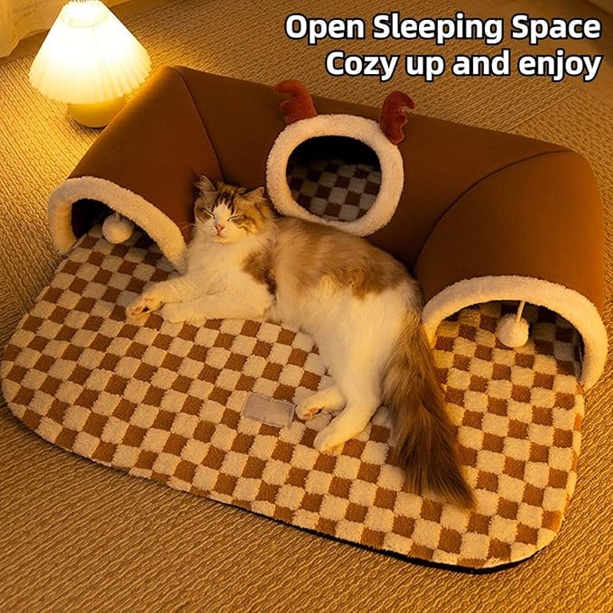 Cat Tunnel Bed Indoor,Cat Peekaboo Cave Bed for Multiple Cats,Kitty Tube with Cat Balls Toys,Removable Cat Bed House Washable,Small Animal Tunnel for Kitty,Bunny (Brown,Large)