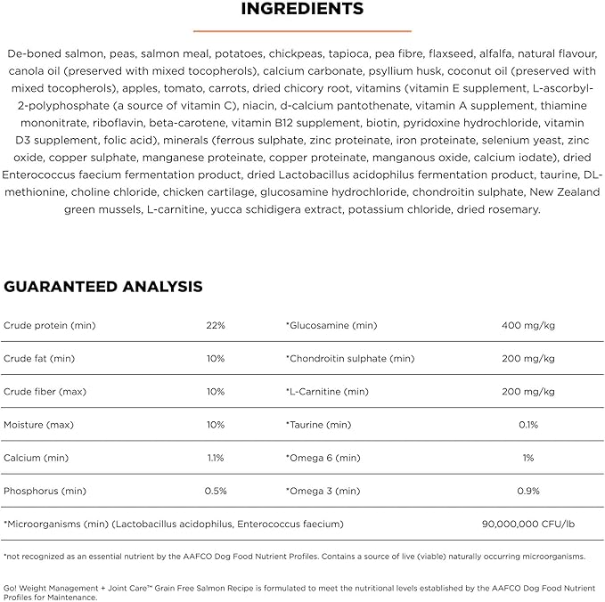 Go! Solutions Weight Management + Joint Care, Grain-Free Dry Dog Food, Salmon Adult and Senior Recipe, 12 lb Bag