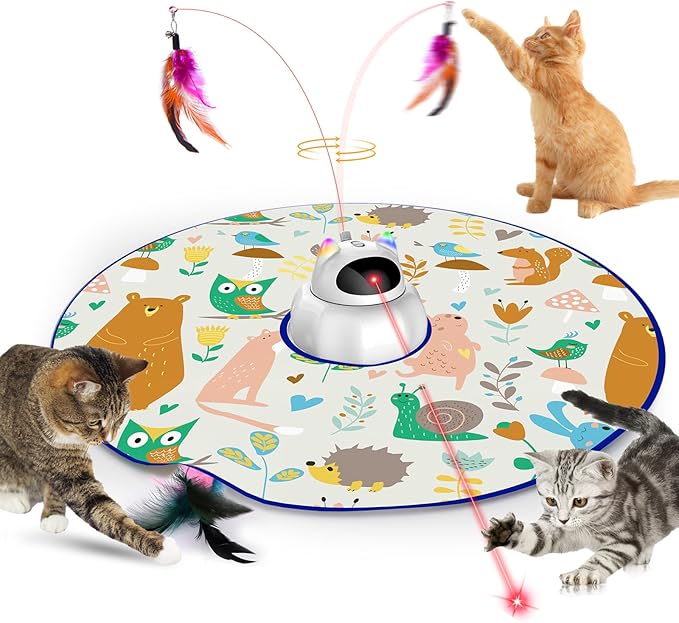VIWIK 4 in 1 Cat Laser Toy Automatic, Interactive Cat Toys for Indoor Cats, Hide and Seek Kitten Wand Toy, USB Rechargeable Electronic Toys with Moving Feather, Cover for Bored Cats All Breeds