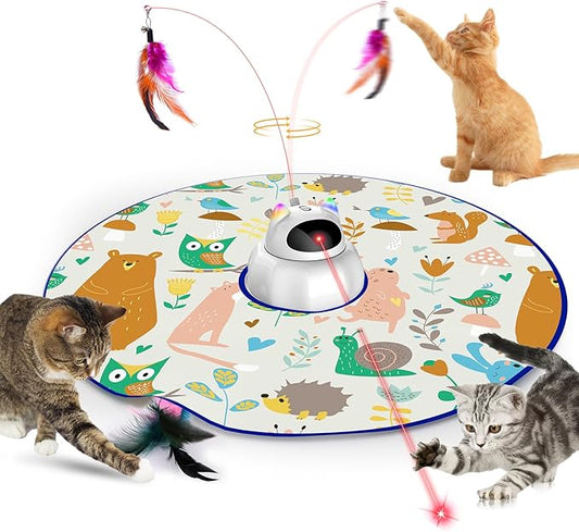 VIWIK 4 in 1 Cat Laser Toy Automatic, Interactive Cat Toys for Indoor Cats, Hide and Seek Kitten Wand Toy, USB Rechargeable Electronic Toys with Moving Feather, Cover for Bored Cats All Breeds