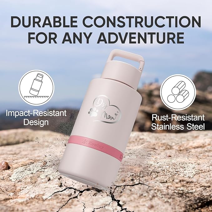 Insulated Dog Water Bottle with Travel Bowl, Dog Lover Gift, Portable Water Bottle Dispenser, Accessories for Car, Hiking, Camping, Outdoor, Leak-Proof, Detachable (DogMom-PalePink)