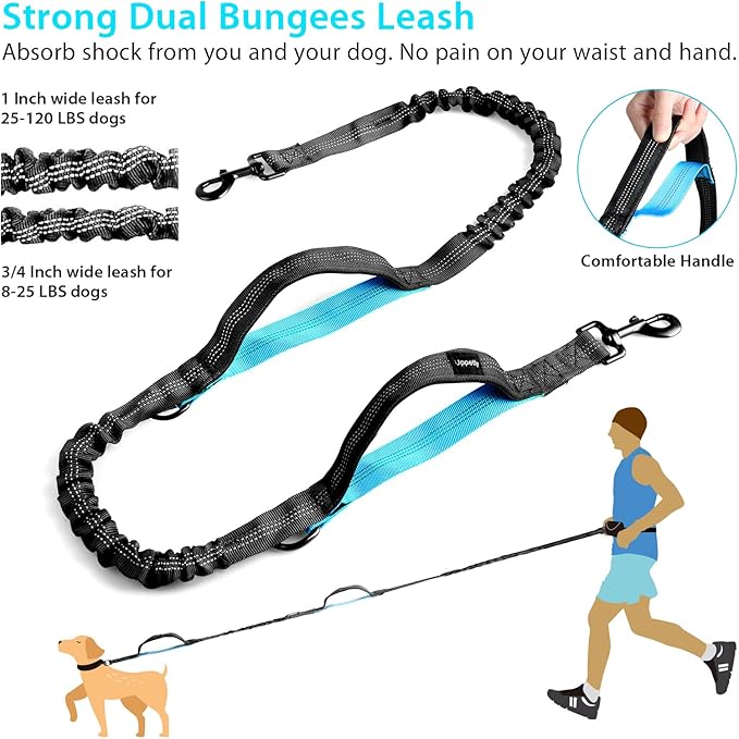 Hands Free Dog Running Leash with Zipper Pouch, Dual Handle, Elastic Bungees Retractable Rope for Medium and Large Dogs, Waist Bag Pack Carry Phones for Walking Hiking Biking (Large, 25-120lb)