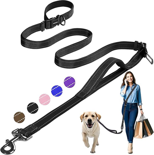 Hands-Free Dog Leash with Adjustable Length 6-9FT + Dual Padded Handles Reflective Safety for Walking, Jogging & Training | Suitable for Medium to Large Dogs & Puppies Black-L
